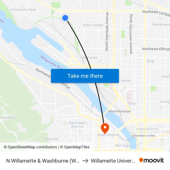 N Willamette & Washburne (West) to Willamette University map