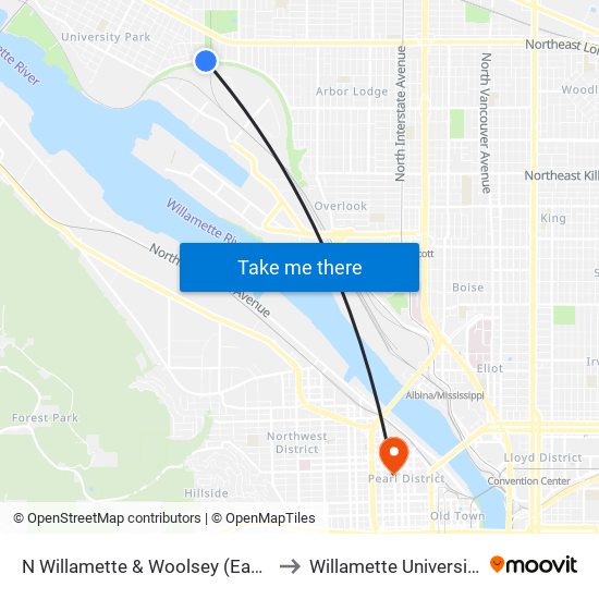 N Willamette & Woolsey (East) to Willamette University map