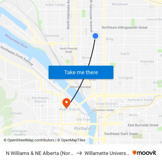 N Williams & NE Alberta (North) to Willamette University map