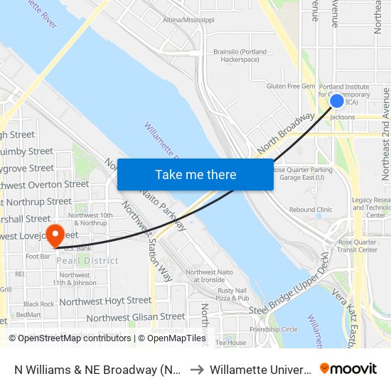 N Williams & NE Broadway (North) to Willamette University map