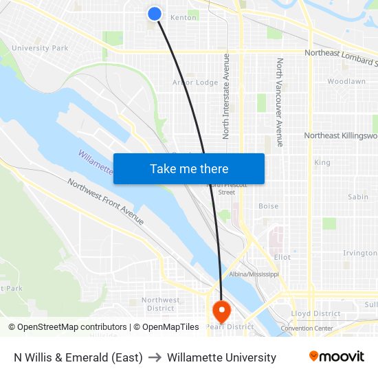 N Willis & Emerald (East) to Willamette University map