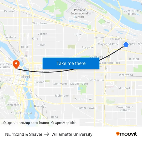 NE 122nd & Shaver to Willamette University map