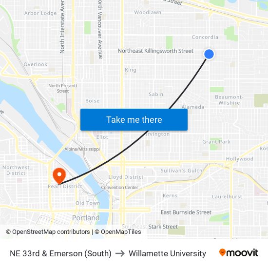 NE 33rd & Emerson (South) to Willamette University map