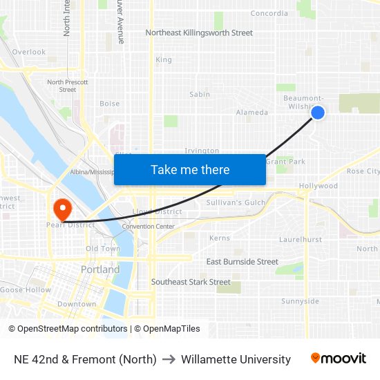 NE 42nd & Fremont (North) to Willamette University map