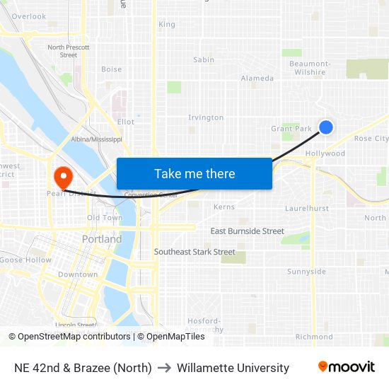 NE 42nd & Brazee (North) to Willamette University map