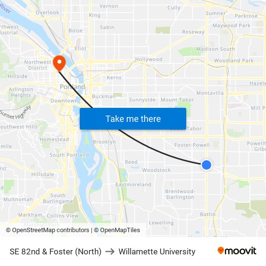 SE 82nd & Foster (North) to Willamette University map