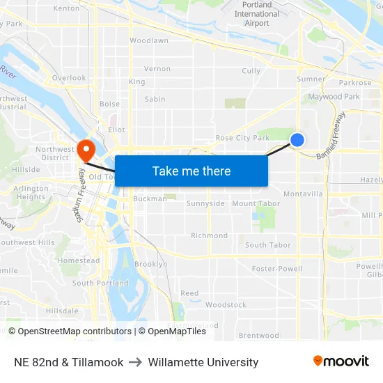 NE 82nd & Tillamook to Willamette University map