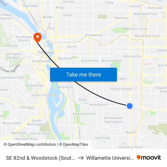 SE 82nd & Woodstock (South) to Willamette University map