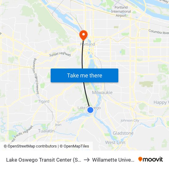 Lake Oswego Transit Center (South) to Willamette University map