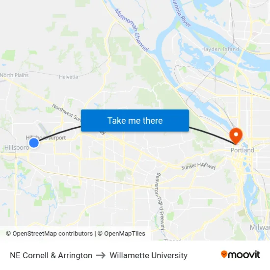 NE Cornell & Arrington to Willamette University map
