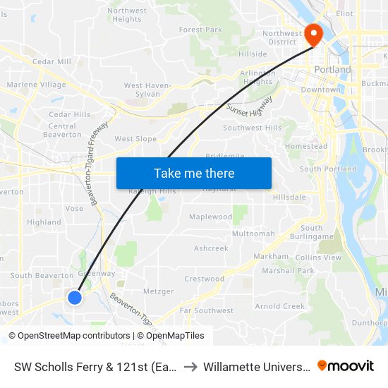 SW Scholls Ferry & 121st (East) to Willamette University map