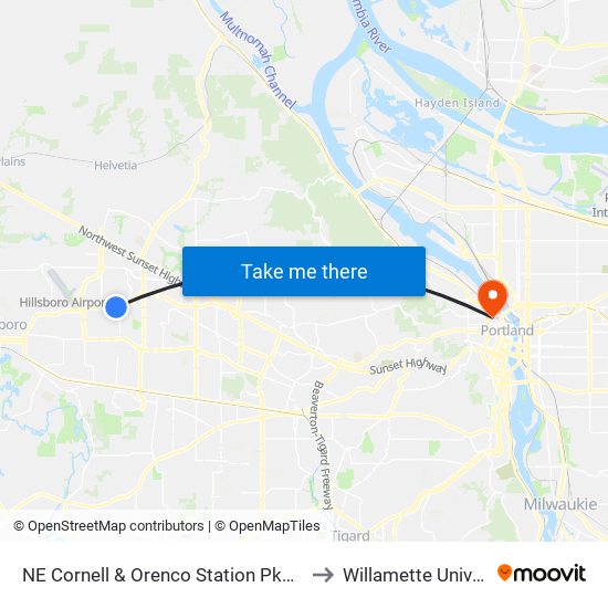 NE Cornell & Orenco Station Pkwy (East) to Willamette University map