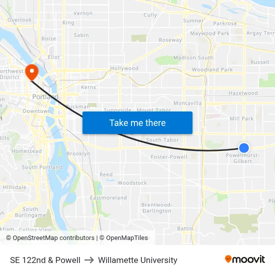SE 122nd & Powell to Willamette University map