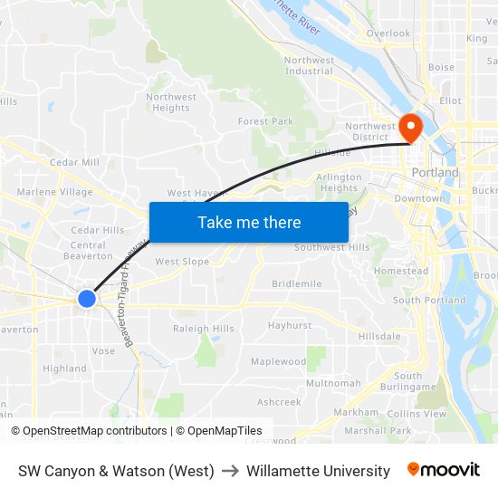 SW Canyon & Watson (West) to Willamette University map