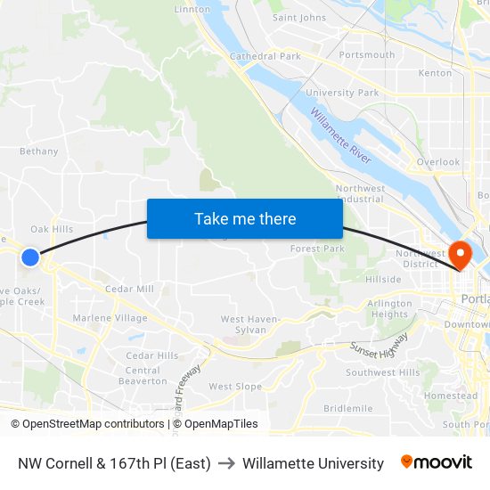 NW Cornell & 167th Pl (East) to Willamette University map