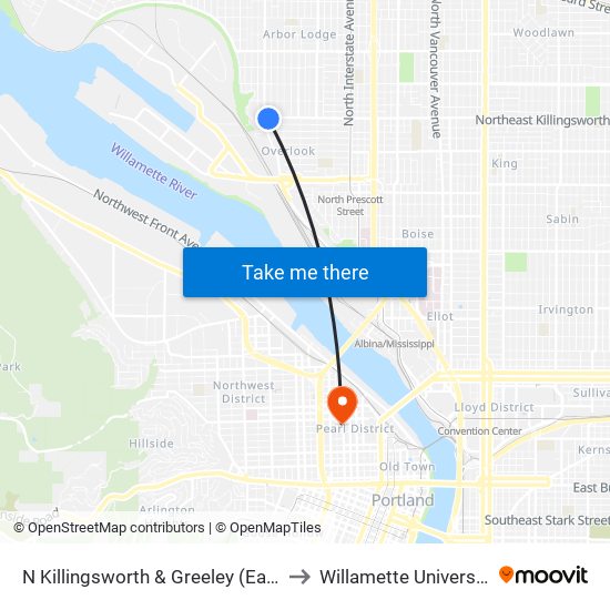 N Killingsworth & Greeley (East) to Willamette University map