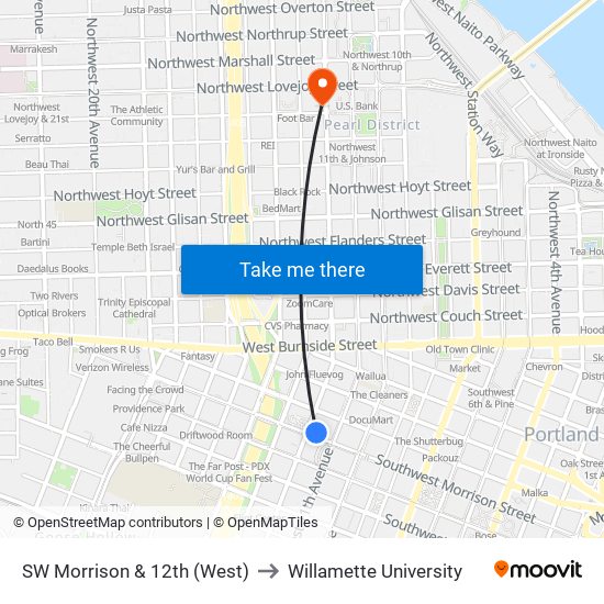 SW Morrison & 12th (West) to Willamette University map