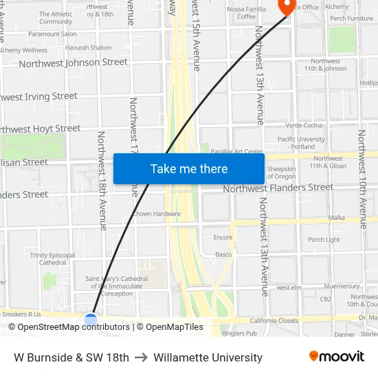 W Burnside & SW 18th to Willamette University map
