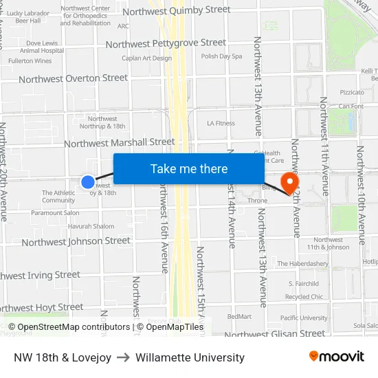 NW 18th & Lovejoy to Willamette University map