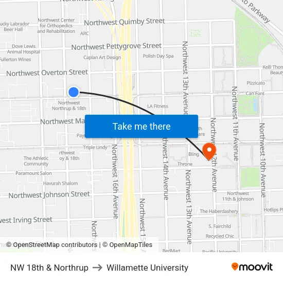 NW 18th & Northrup to Willamette University map