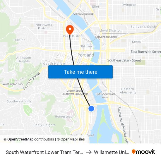 South Waterfront Lower Tram Terminal (West) to Willamette University map