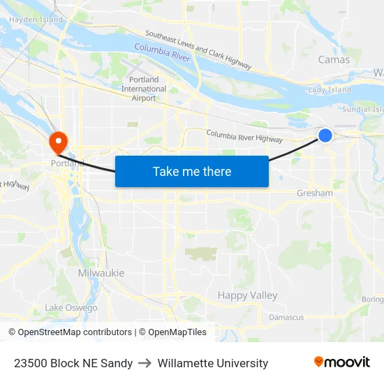23500 Block NE Sandy to Willamette University map
