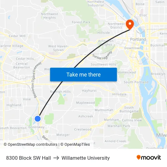 8300 Block SW Hall to Willamette University map