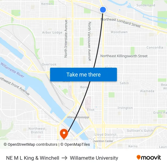 NE M L King & Winchell to Willamette University map
