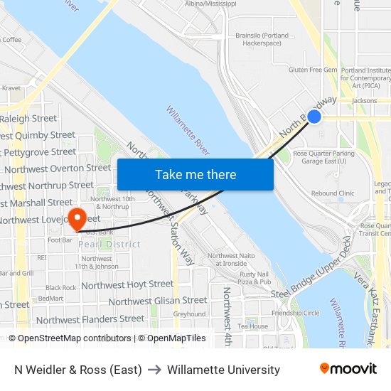 N Weidler & Ross (East) to Willamette University map