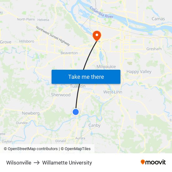 Wilsonville to Willamette University map