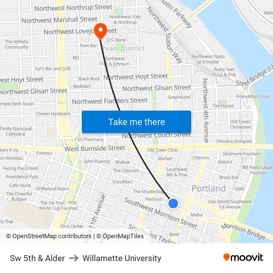 Sw 5th & Alder to Willamette University map