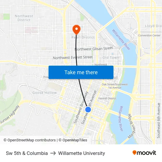 Sw 5th & Columbia to Willamette University map