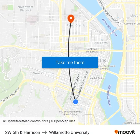 SW 5th & Harrison to Willamette University map