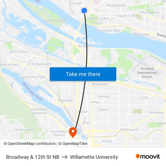 Broadway & 13th Street to Willamette University map