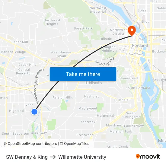 SW Denney & King to Willamette University map