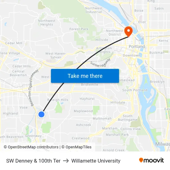 SW Denney & 100th Ter to Willamette University map