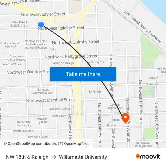 NW 18th & Raleigh to Willamette University map