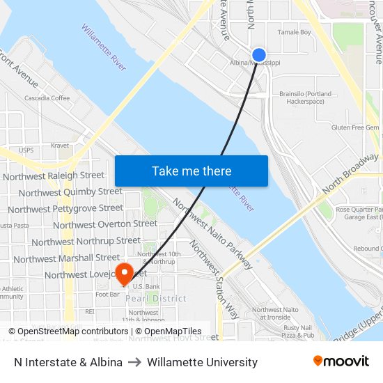 N Interstate & Albina to Willamette University map