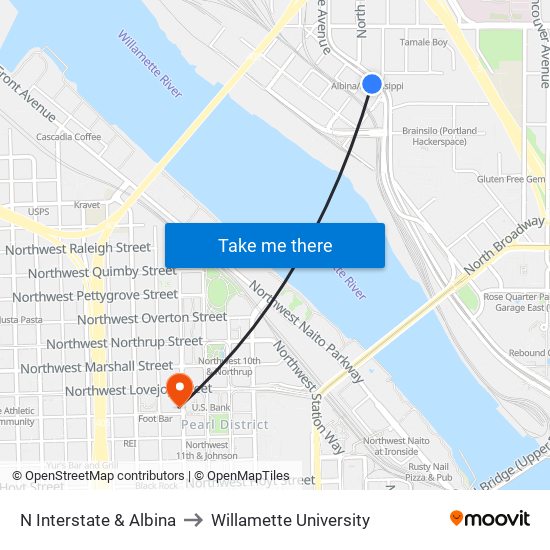 N Interstate & Albina to Willamette University map