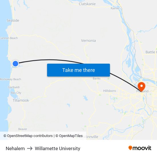 Nehalem to Willamette University map