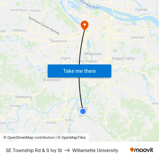 SE Township Rd & S Ivy St to Willamette University map