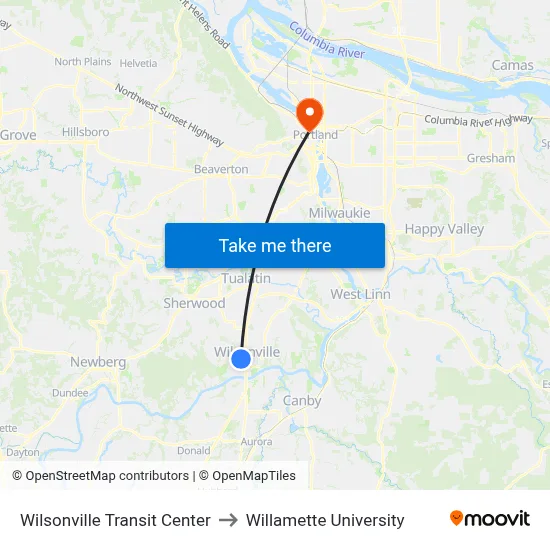 Wilsonville Transit Center to Willamette University map