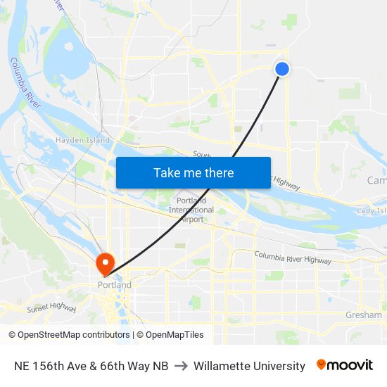 NE 156th Ave & 66th Way NB to Willamette University map