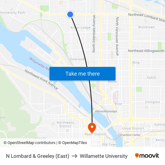 N Lombard & Greeley (East) to Willamette University map