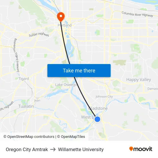 Oregon City Amtrak to Willamette University map