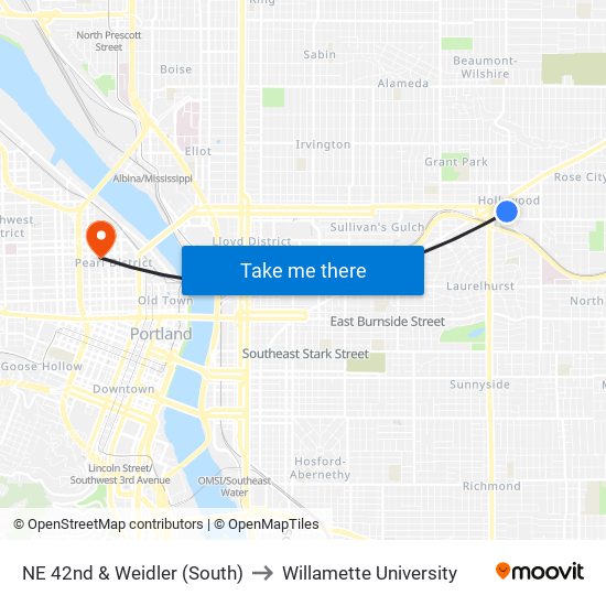 NE 42nd & Weidler (South) to Willamette University map