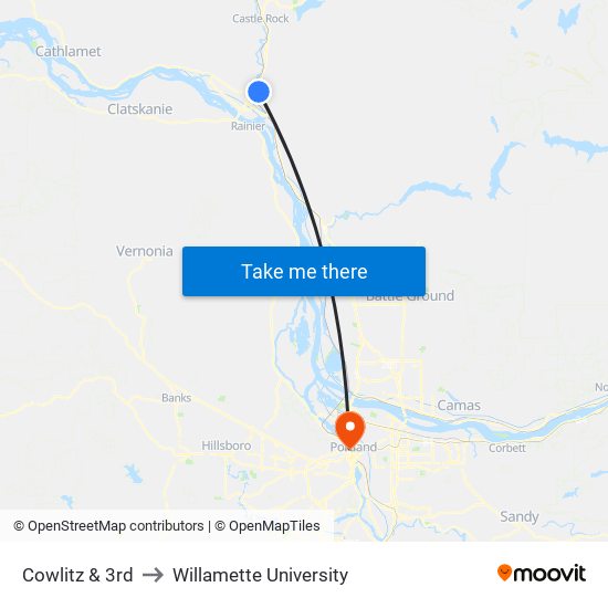 Cowlitz & 3rd to Willamette University map