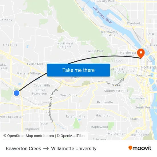 Beaverton Creek to Willamette University map