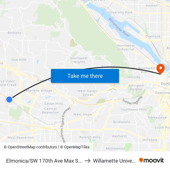 Elmonica/SW 170th Ave Max Station to Willamette University map
