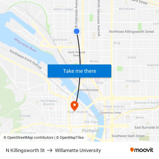 N Killingsworth St to Willamette University map